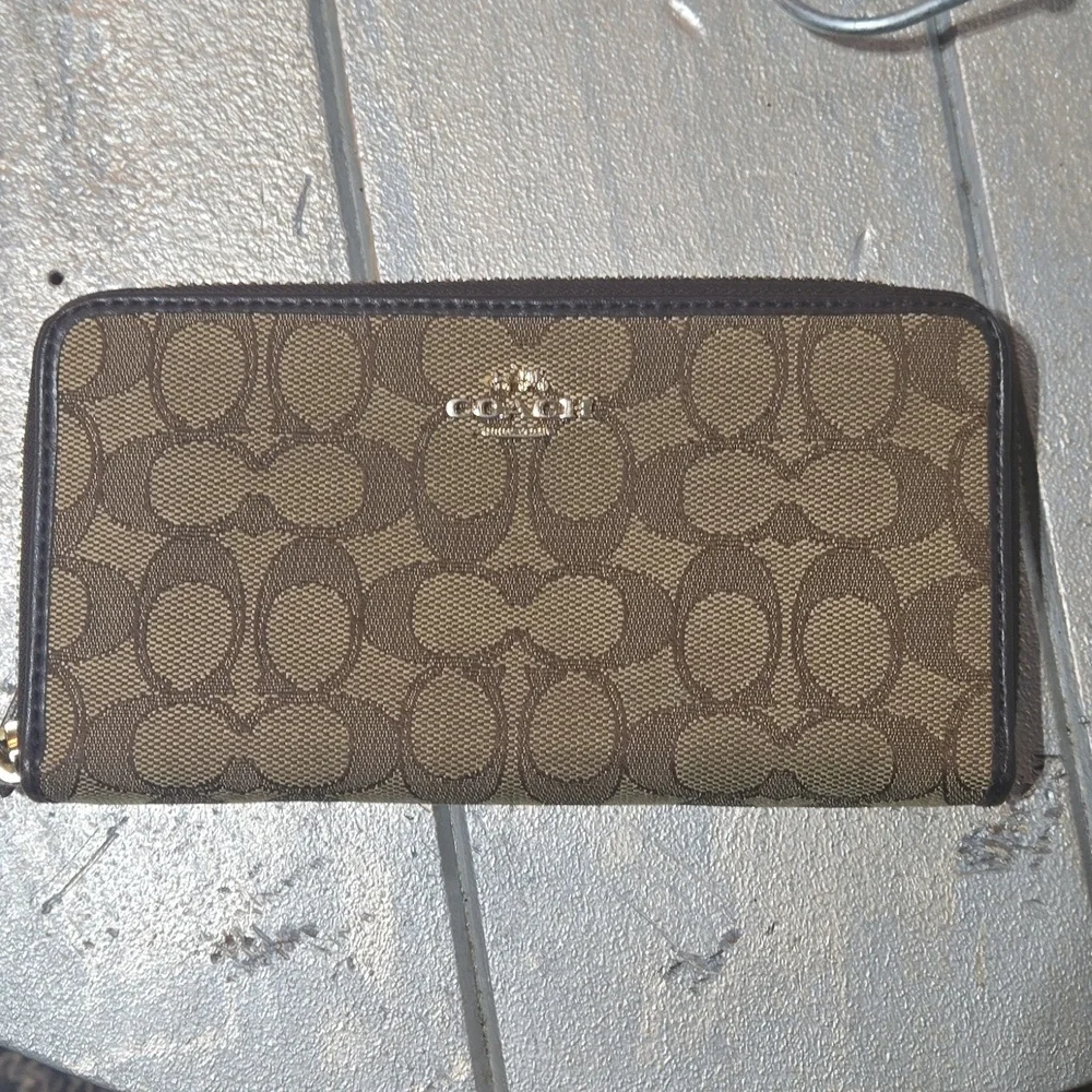 Coach Tan and Brown Signature Zip Wallet